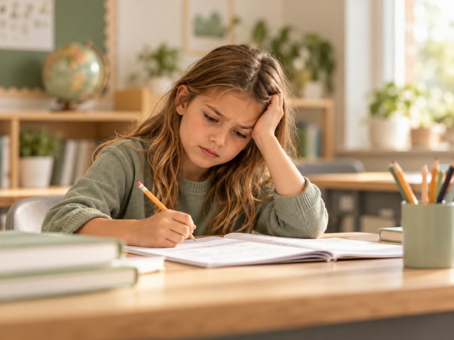 Child working on a school assignment at a desk