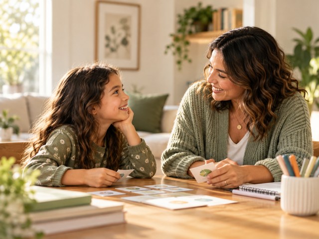Coach and child using picture cards during a hands-on learning activity