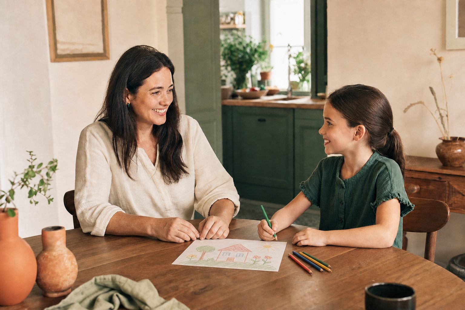 A mom and her school-age child sharing a happy moment while drawing together at home