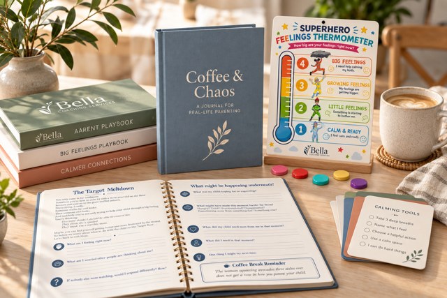 Coffee and Chaos journal, mug, and pens
