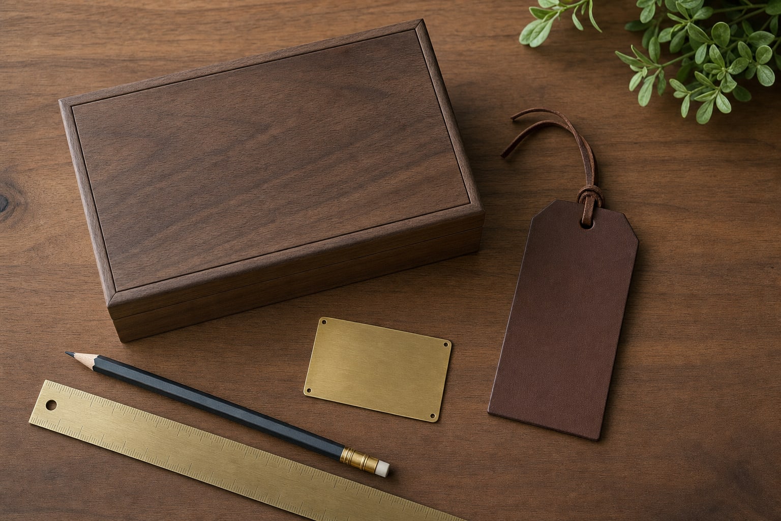 Walnut keepsake box, leather tag, brass plaque, pencil, and ruler on a maker table