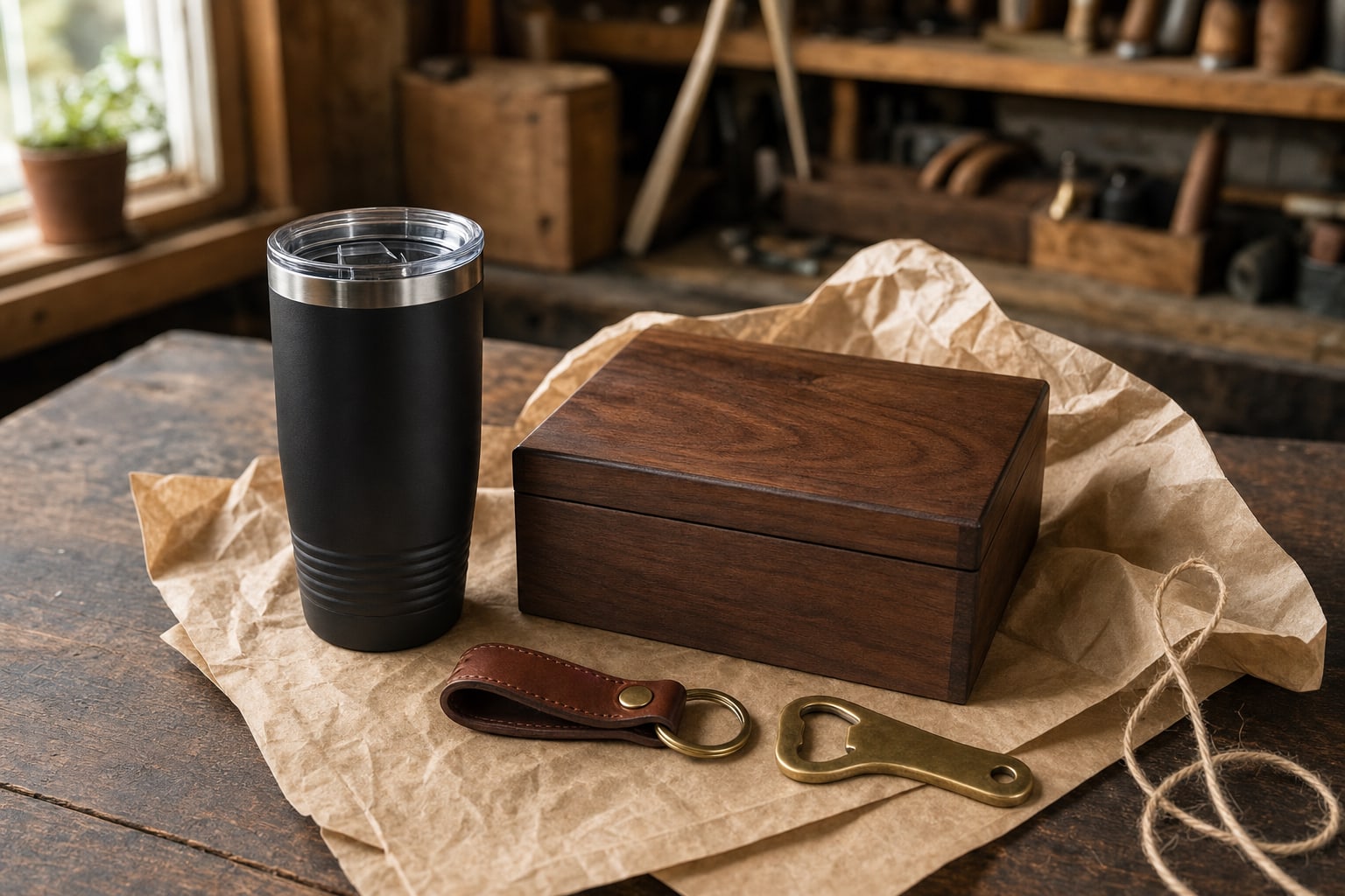 Black insulated tumbler, walnut keepsake box, leather key fob, and bottle opener arranged on a workshop table