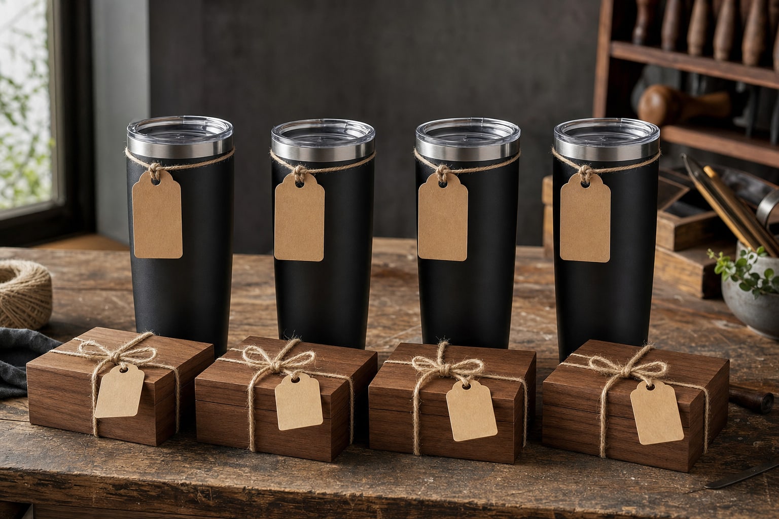 Four black insulated tumblers and walnut gift boxes arranged as a coordinated set