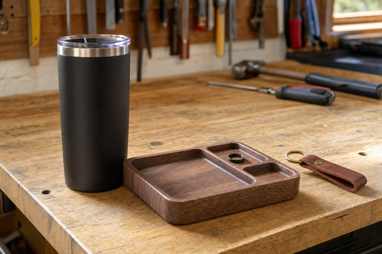 Black insulated tumbler, walnut valet tray, and leather key fob on a garage workbench
