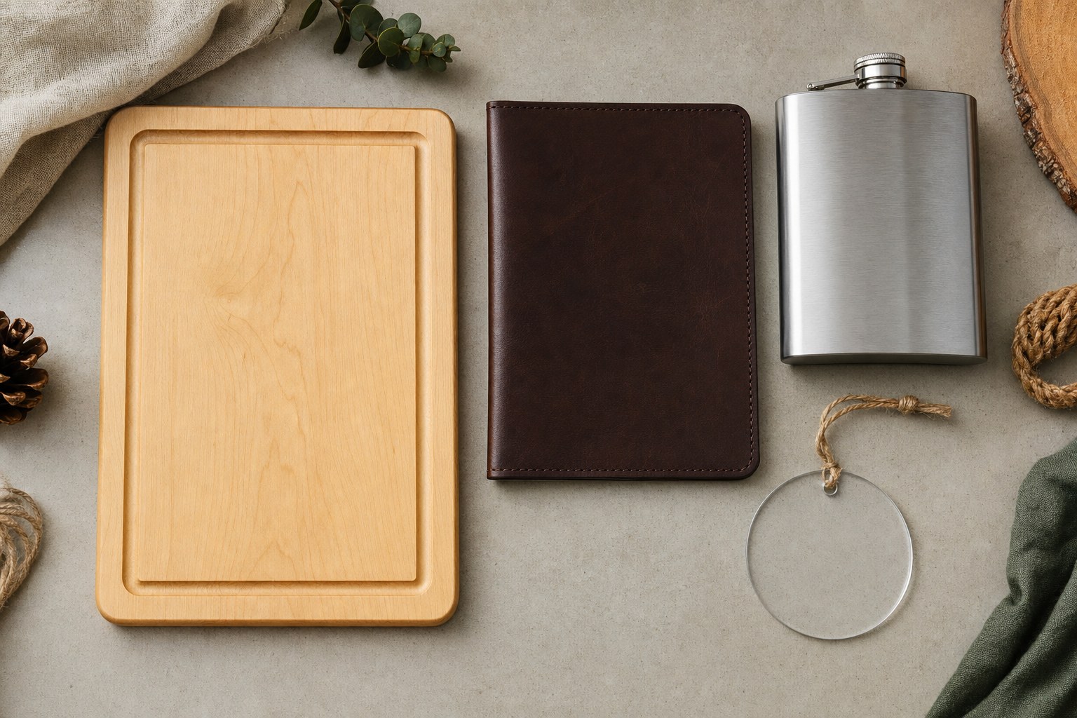 Wood, leather, stainless steel, and acrylic blanks used for personalized gifts