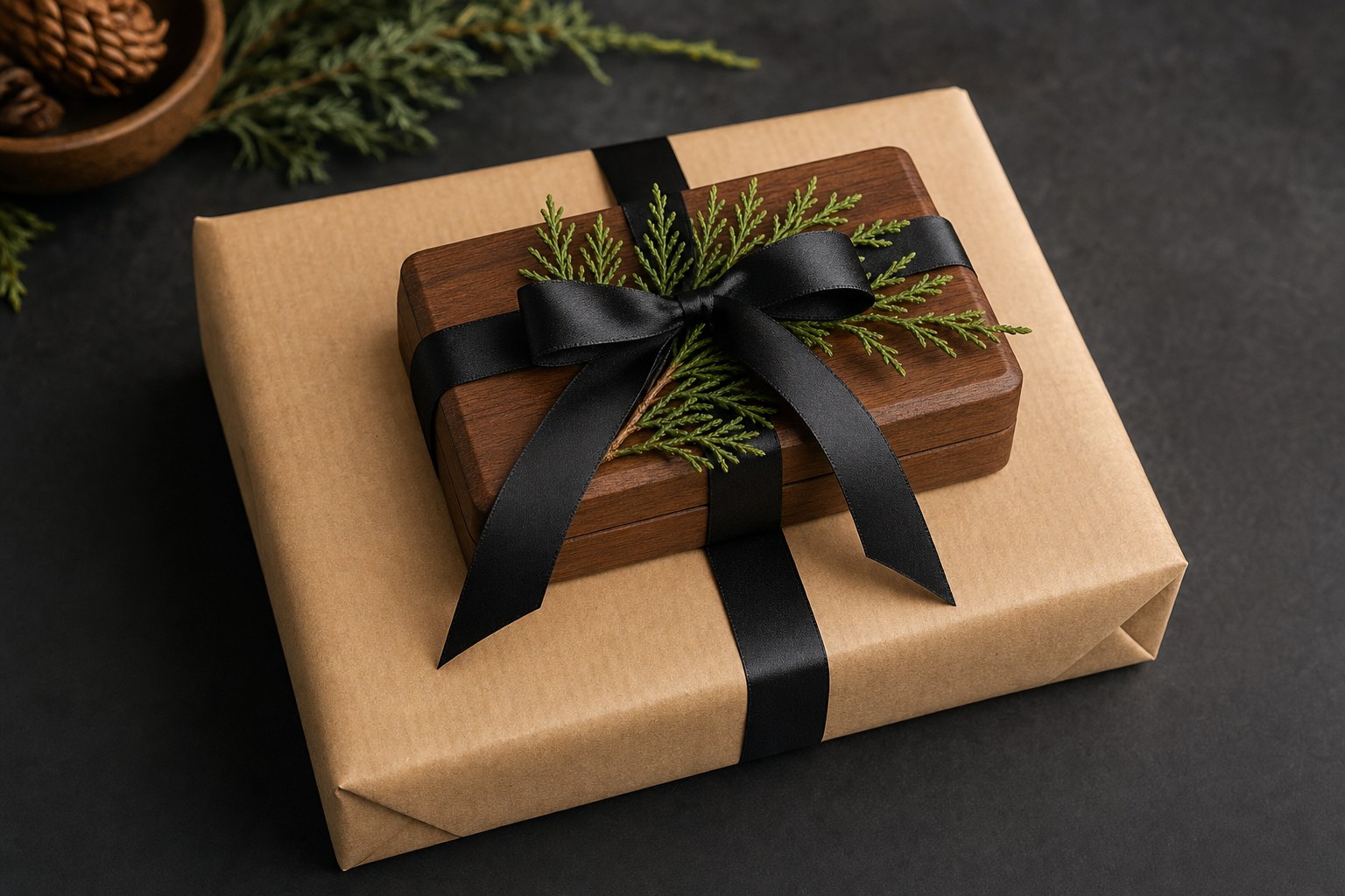 Walnut keepsake box wrapped with black ribbon on a kraft paper gift