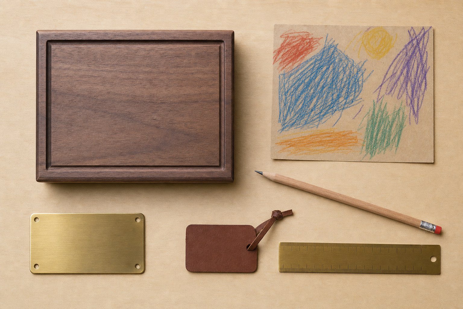 Walnut keepsake box, blank brass plate, childlike crayon drawing, pencil, ruler, and leather tag on a maker table