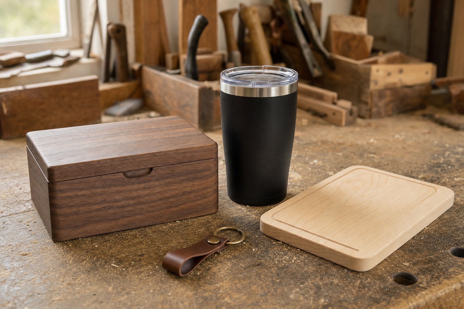 Walnut keepsake box, black insulated tumbler, leather key fob, and maple serving board on a workshop table