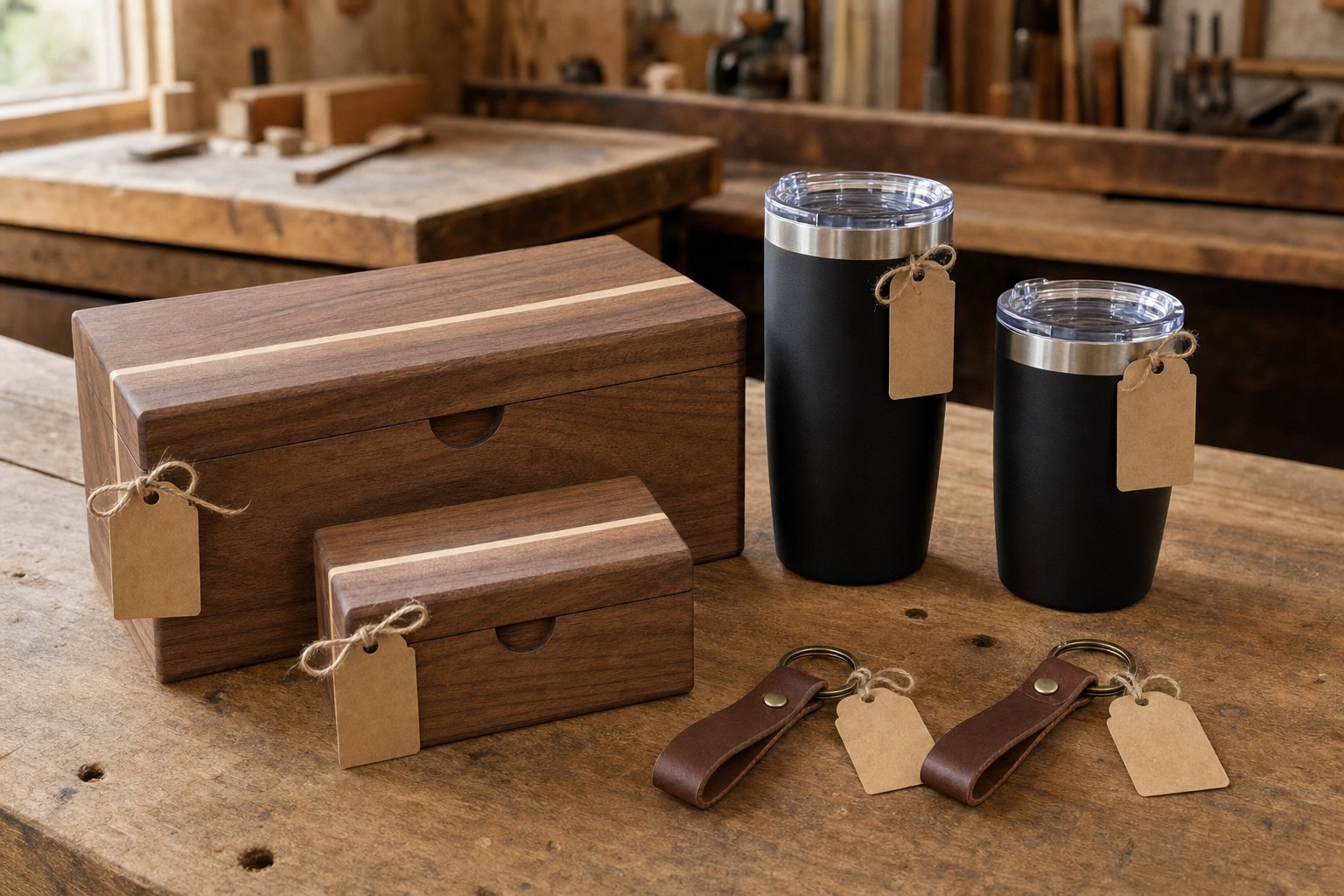 Coordinated walnut keepsake boxes, black tumblers, and leather key fobs arranged as a family gift set