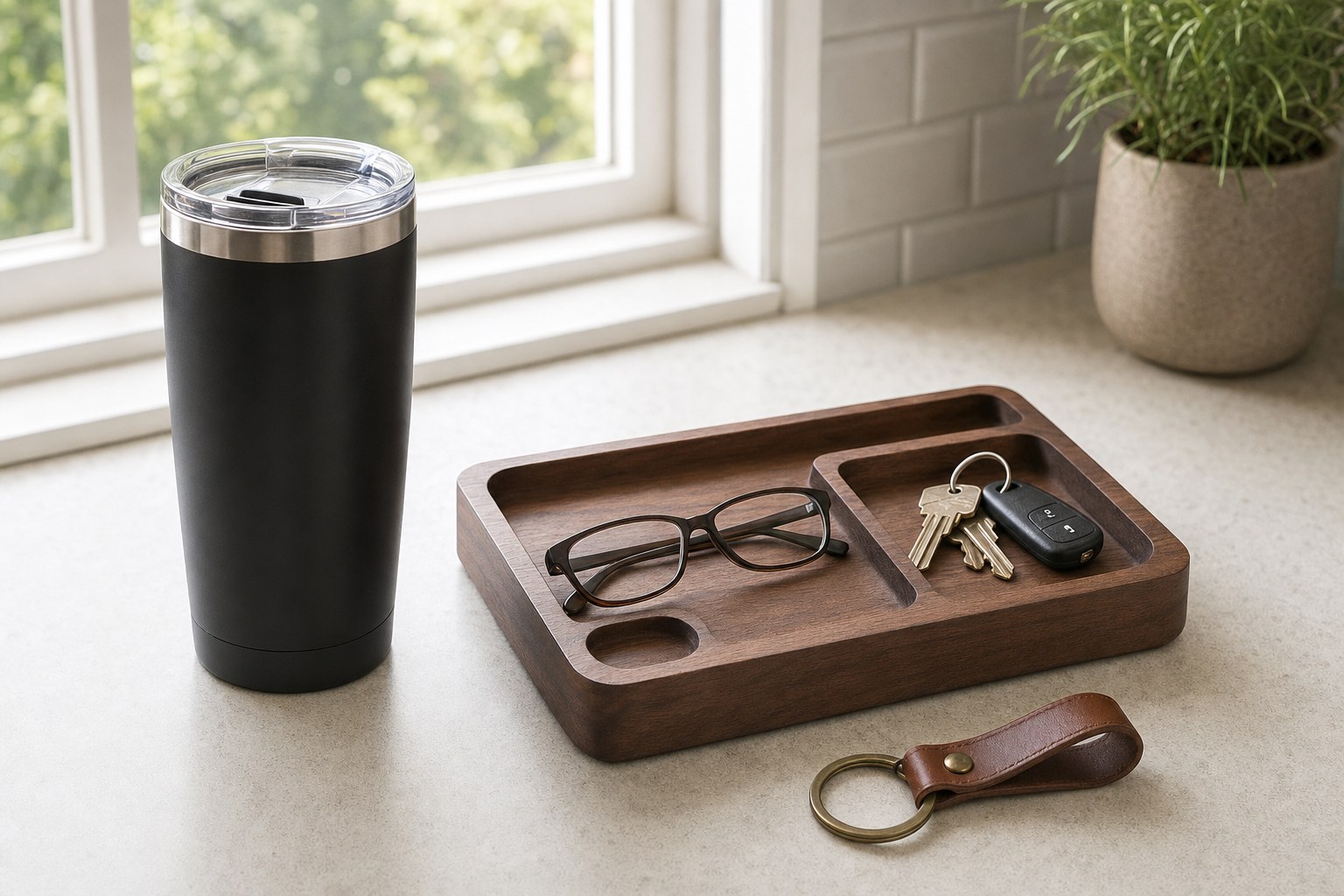 Black insulated tumbler, walnut valet tray, glasses, keys, and leather key fob on a kitchen counter