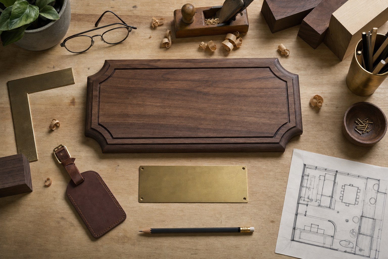 Walnut plaque, brass plate, leather tag, and a simple floor-plan sketch on a maker table