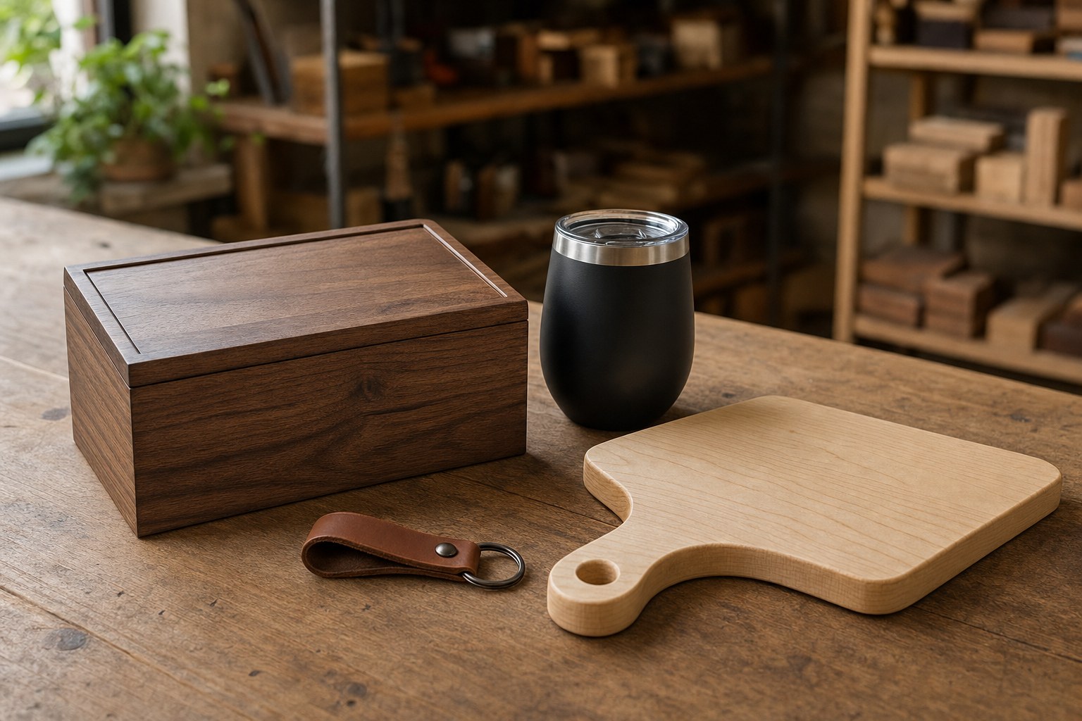 Walnut keepsake box, black tumbler, leather key fob, and maple serving board on a maker table