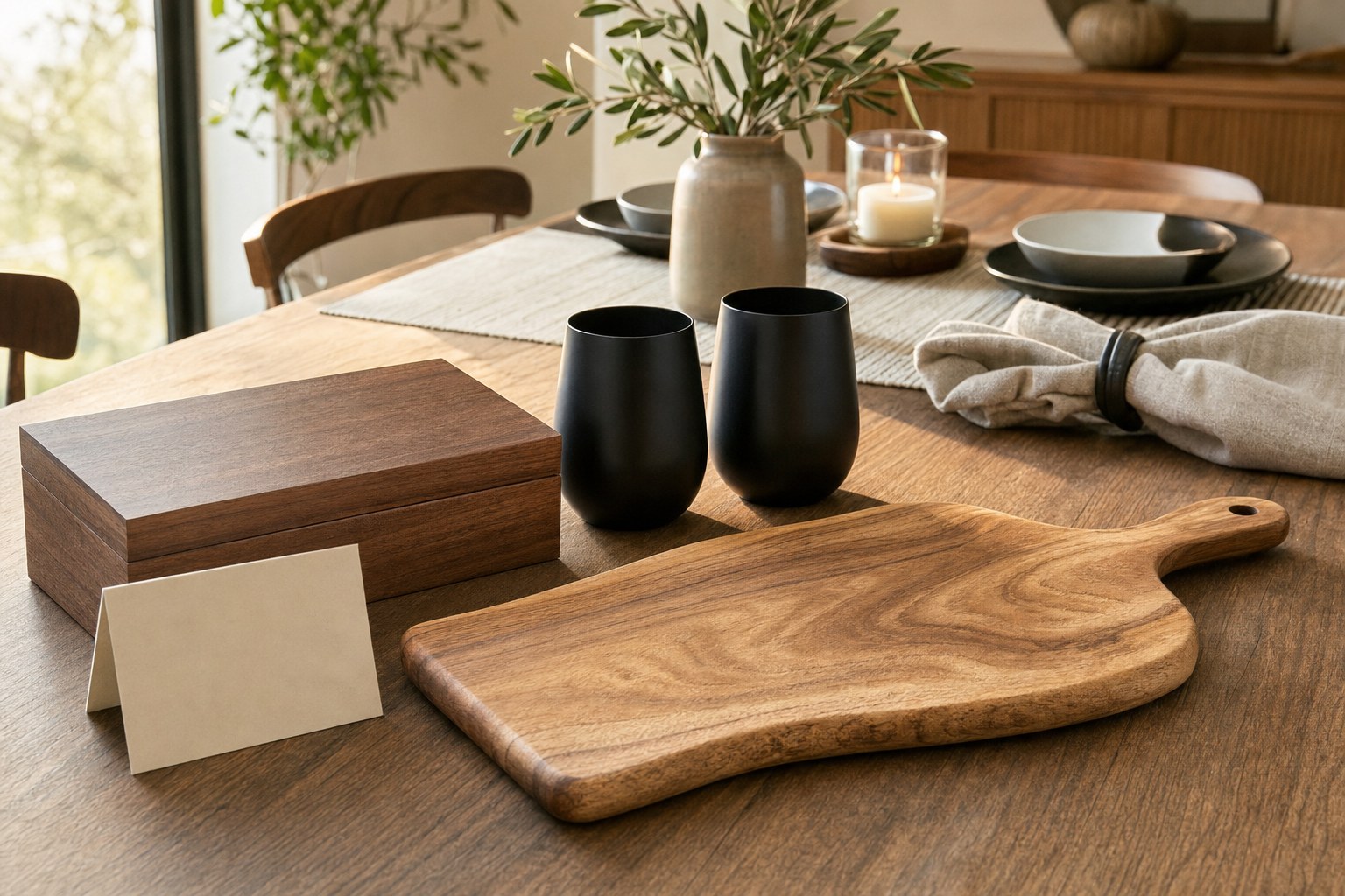 Wood serving board, black tumblers, and a keepsake box set for a first gathering in a new home