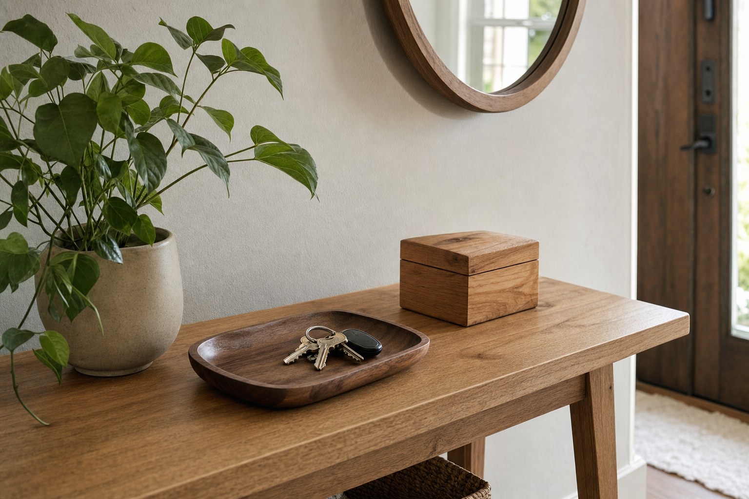 Walnut catchall tray with keys and a keepsake box on a new-home entry table