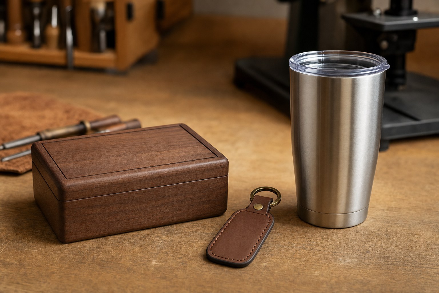 Blank walnut box, leather key fob, and stainless tumbler on a workshop table