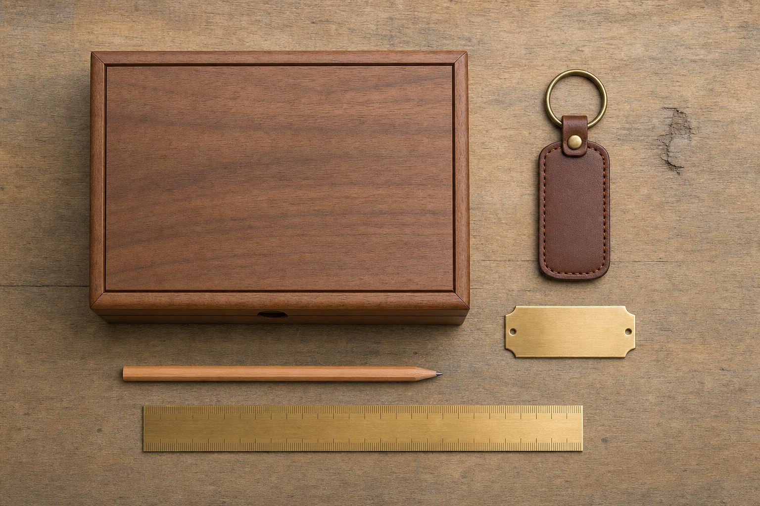 Blank walnut keepsake box, leather key fob, brass plate, pencil, and ruler arranged on a maker table