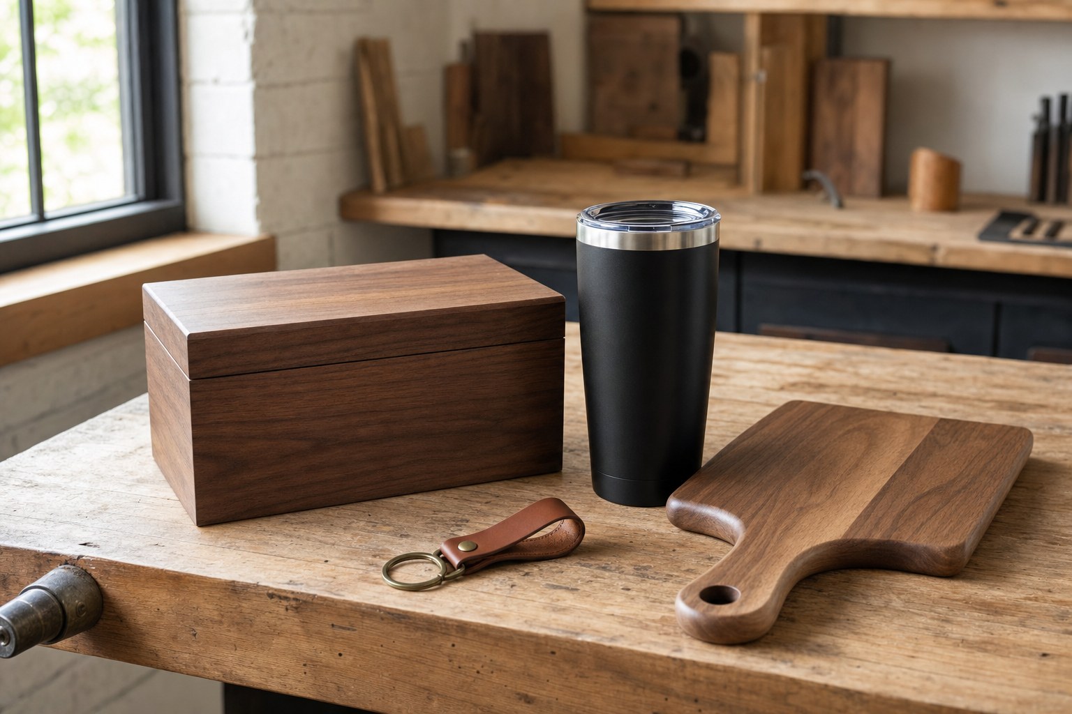 Walnut keepsake box, black insulated tumbler, leather key fob, and serving board on a workshop table