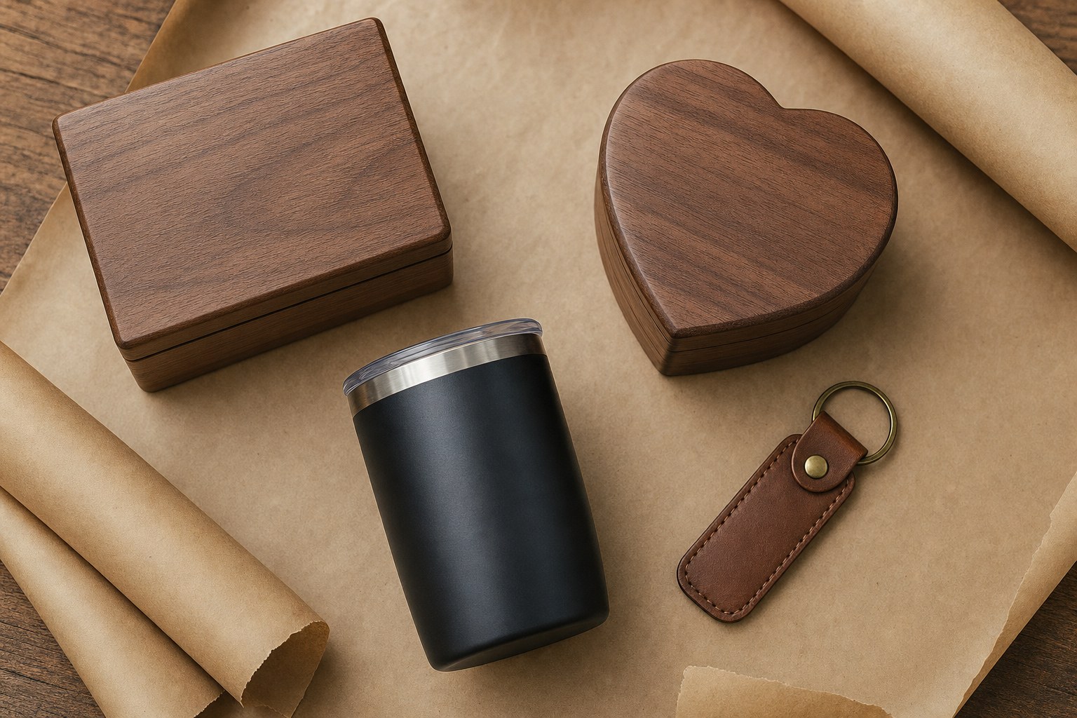 Two walnut keepsake boxes, black tumbler, and leather key fob arranged as a family gift set