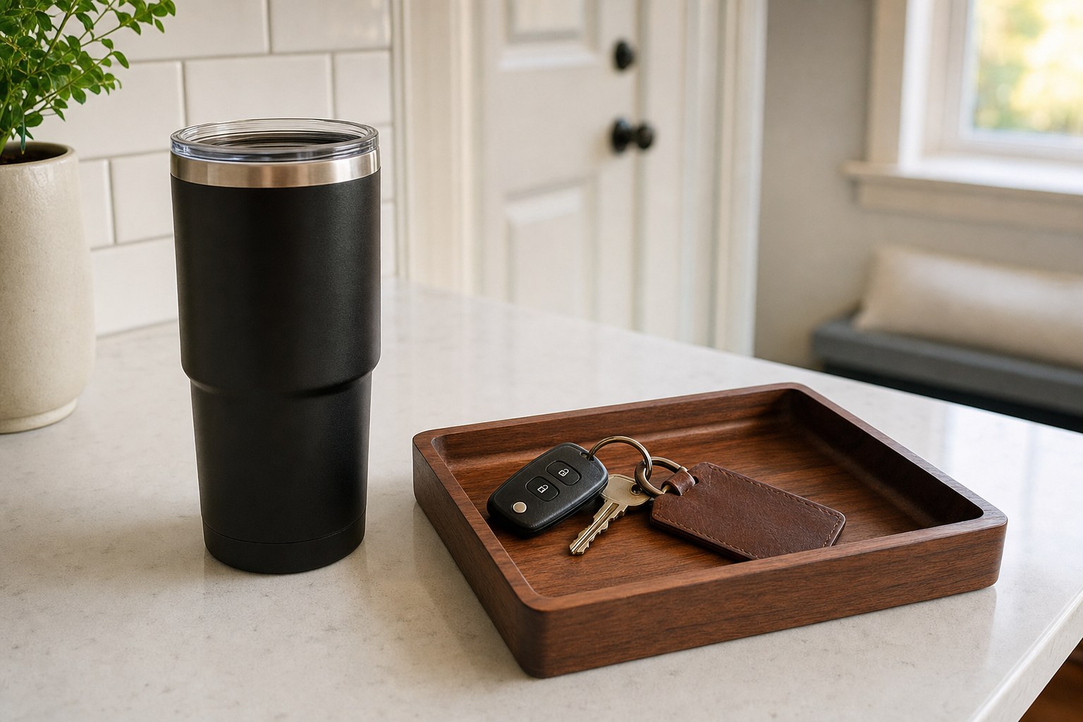 Black insulated tumbler and walnut valet tray with keys on a kitchen counter