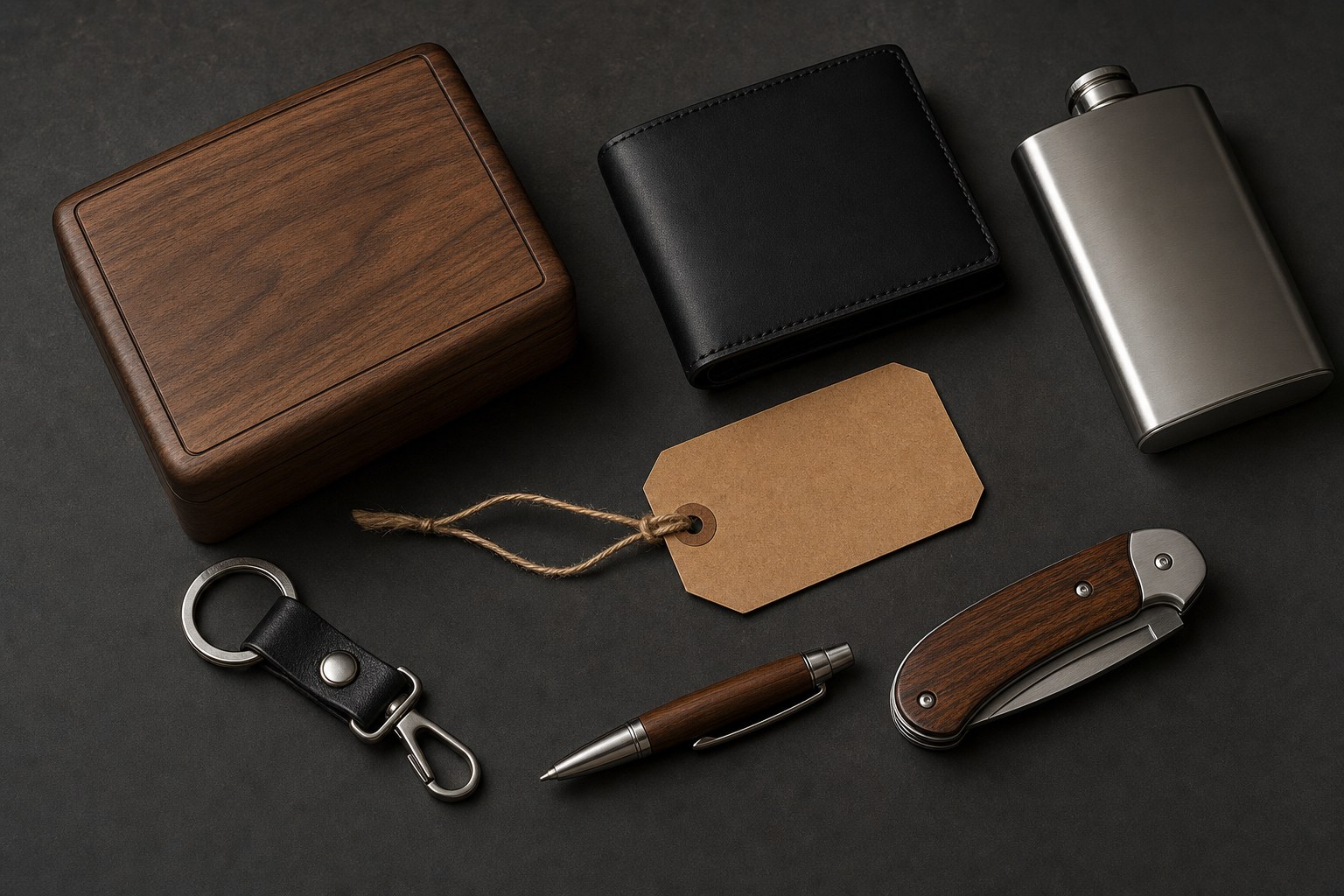 Walnut, leather, metal, and kraft materials arranged for personalized gifts
