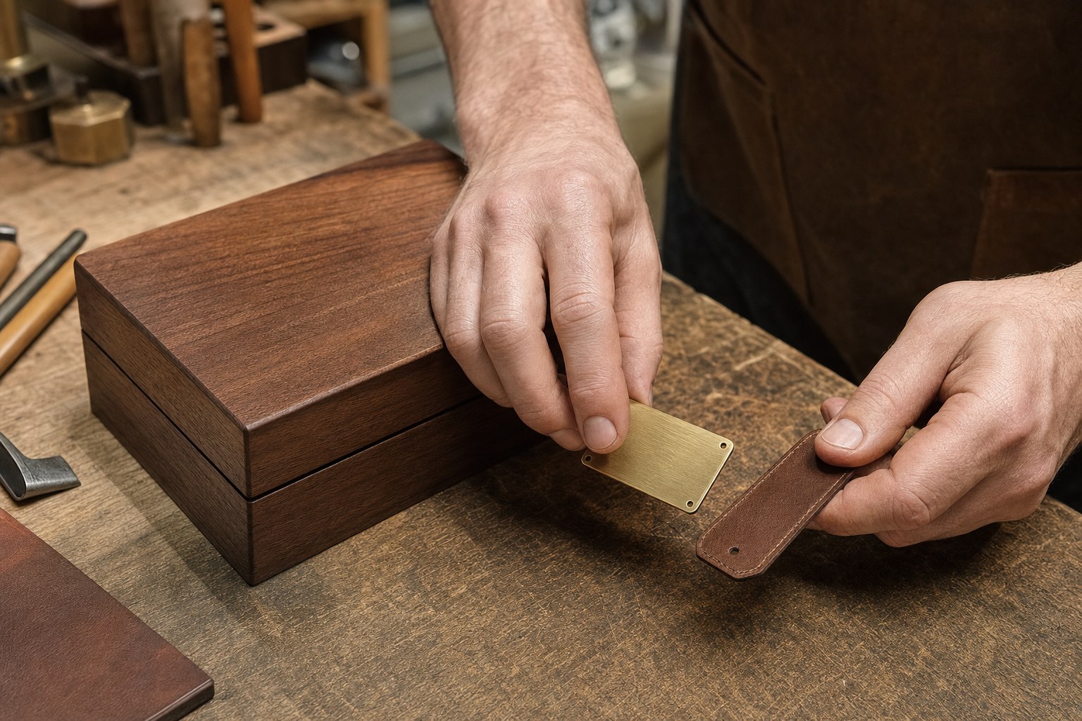 Hands arranging a brass plaque and leather tag beside a walnut keepsake box