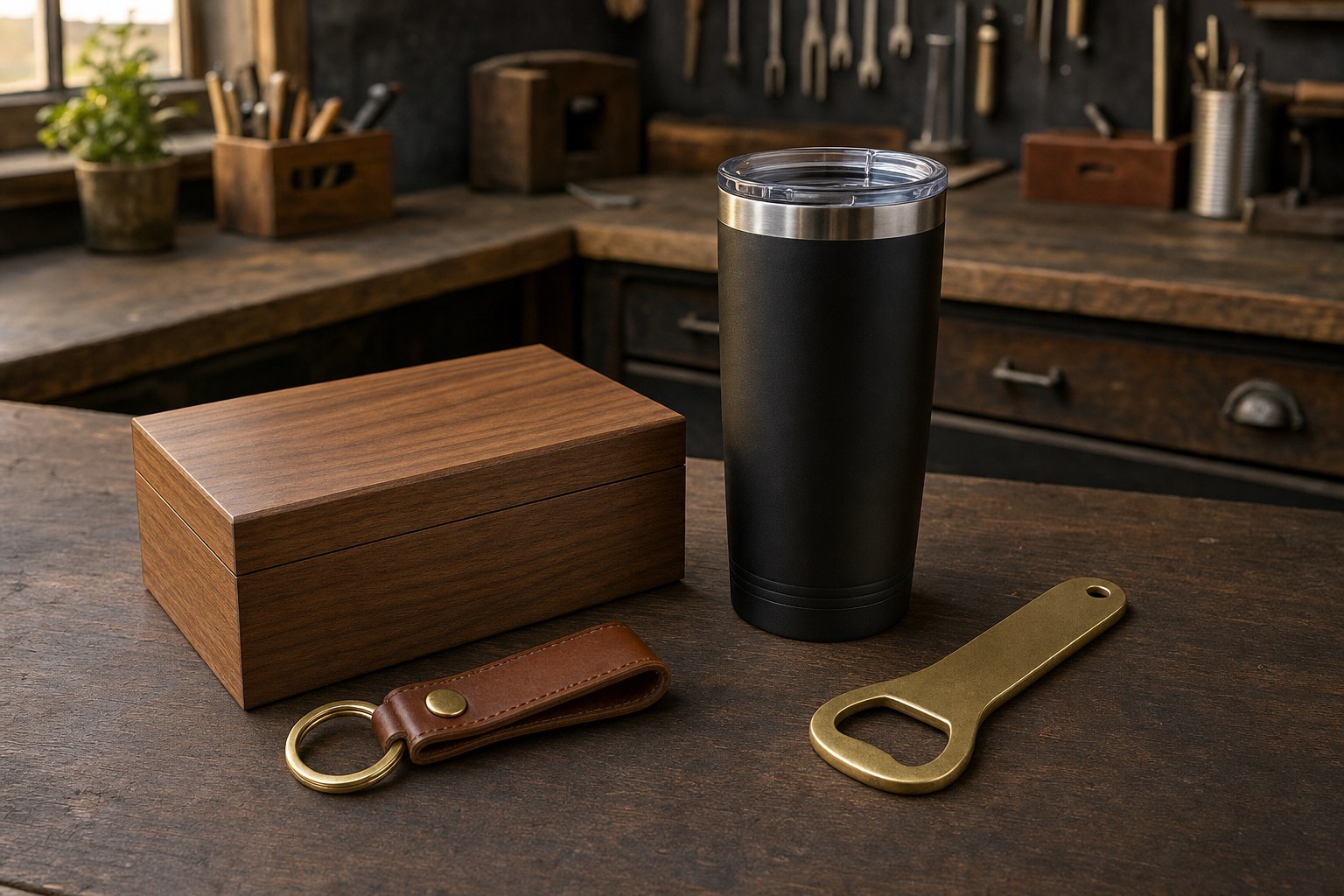 Walnut keepsake box, leather key fob, black tumbler, and brass bottle opener on a workshop table