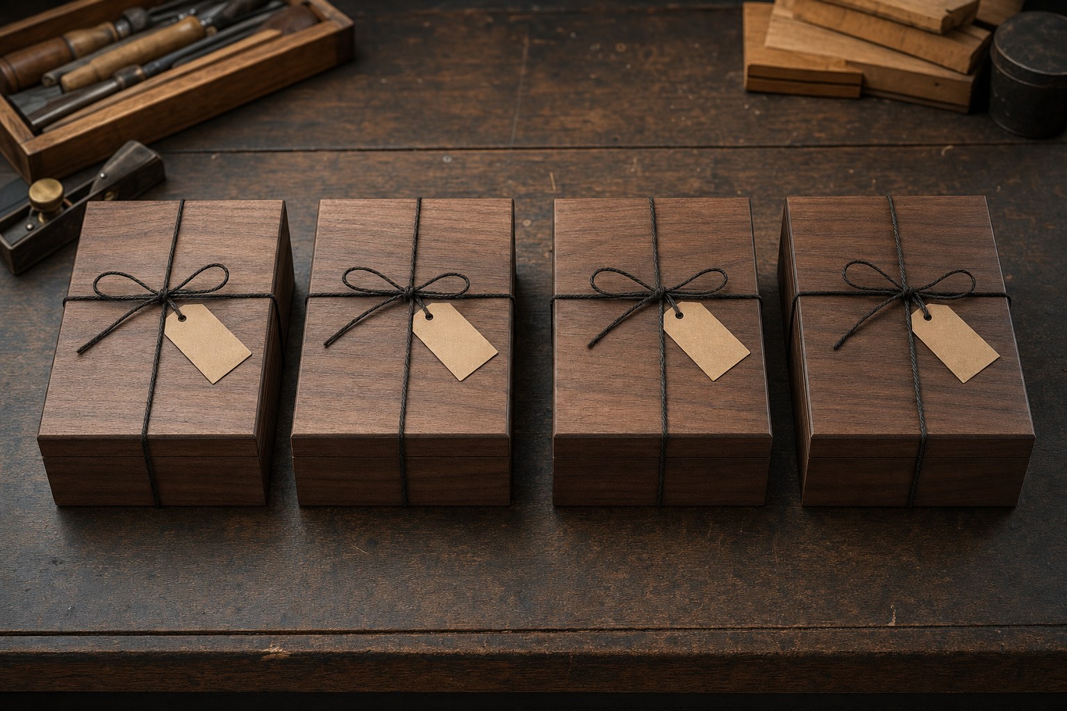 Four walnut gift boxes tied with dark twine and blank kraft tags on a workshop table
