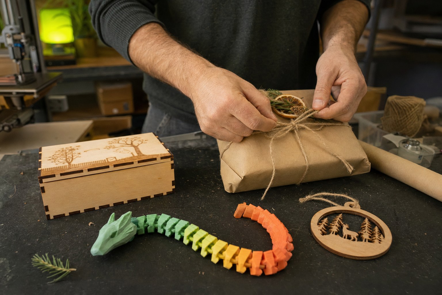 Illustrative custom gift and made-to-order creation on a workshop table