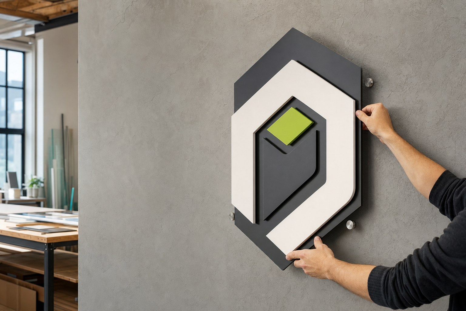 Hands mounting a layered acrylic wall sign with metal standoffs