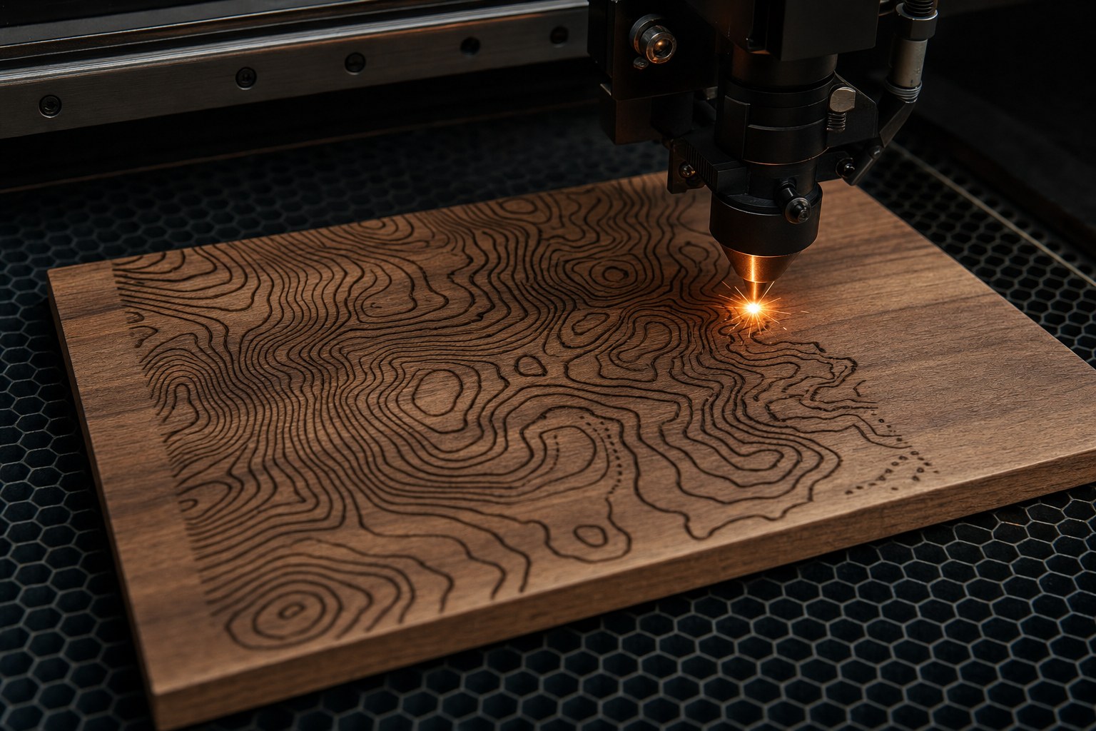 Illustrative laser engraving process on a walnut panel