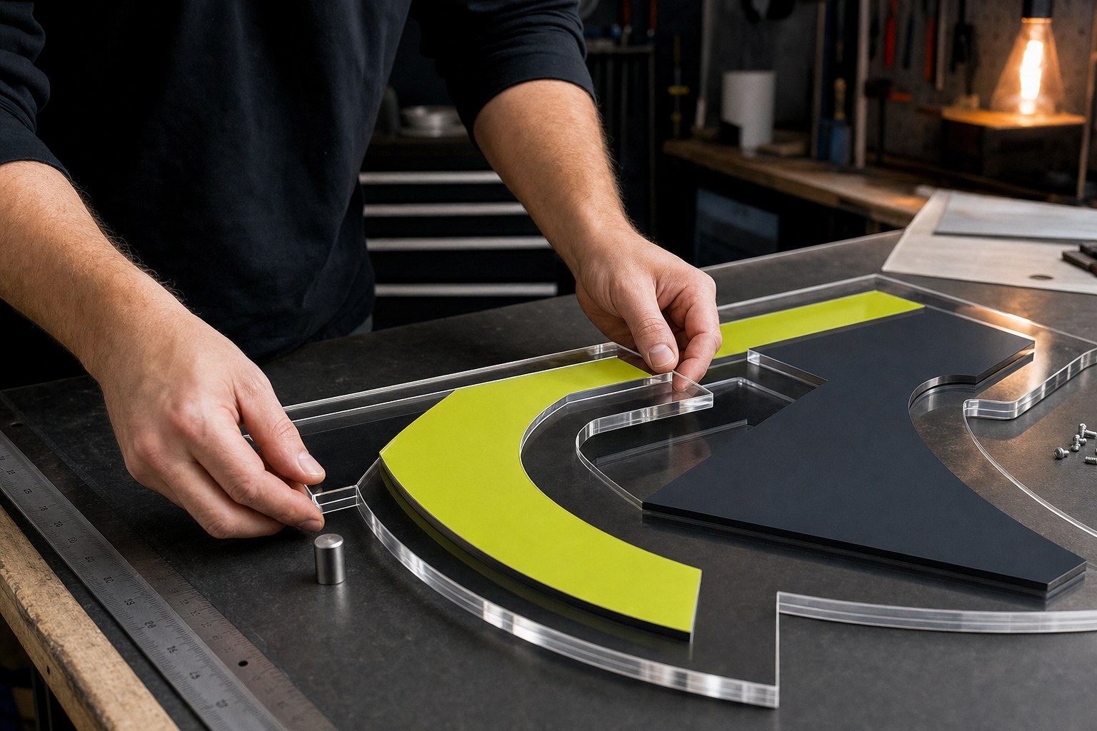 Illustrative hands aligning a layered acrylic sign