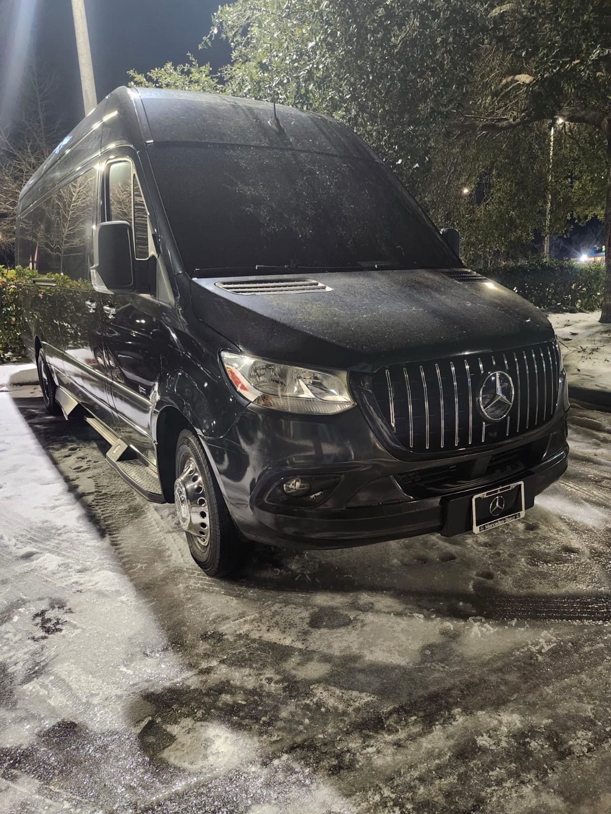 Black Sprinter parked on a tree-lined drive