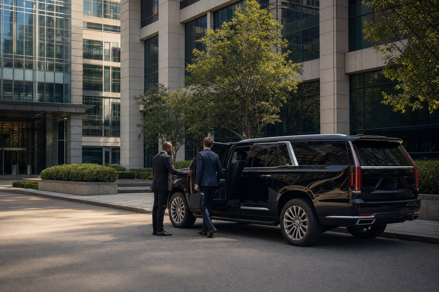 Professional chauffeur opening a black luxury SUV for a traveler