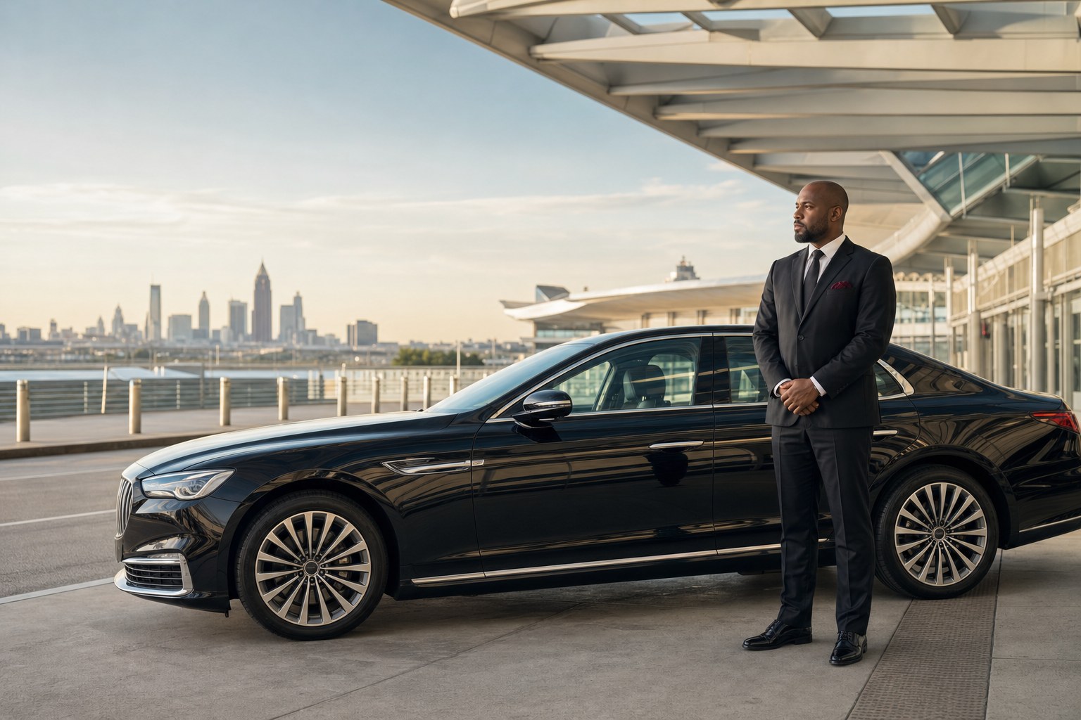 Black luxury sedan and professional chauffeur outside an airport terminal