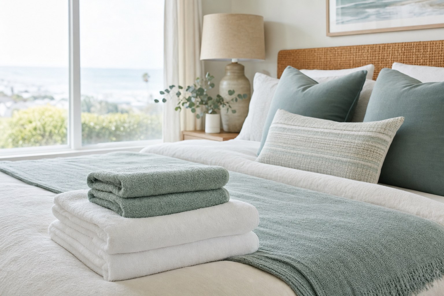 Neatly made bedroom with folded towels ready for a cleaning visit
