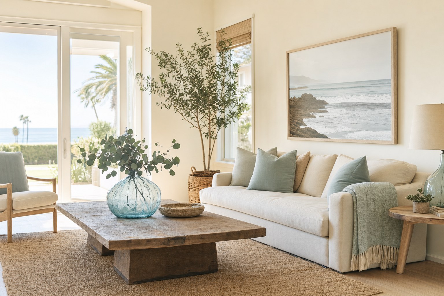 Sunlit coastal living room in a cared-for home