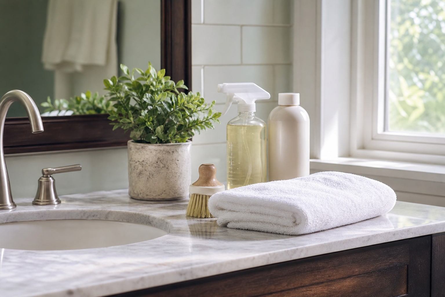 Bright bathroom vanity with folded towel and simple cleaning supplies