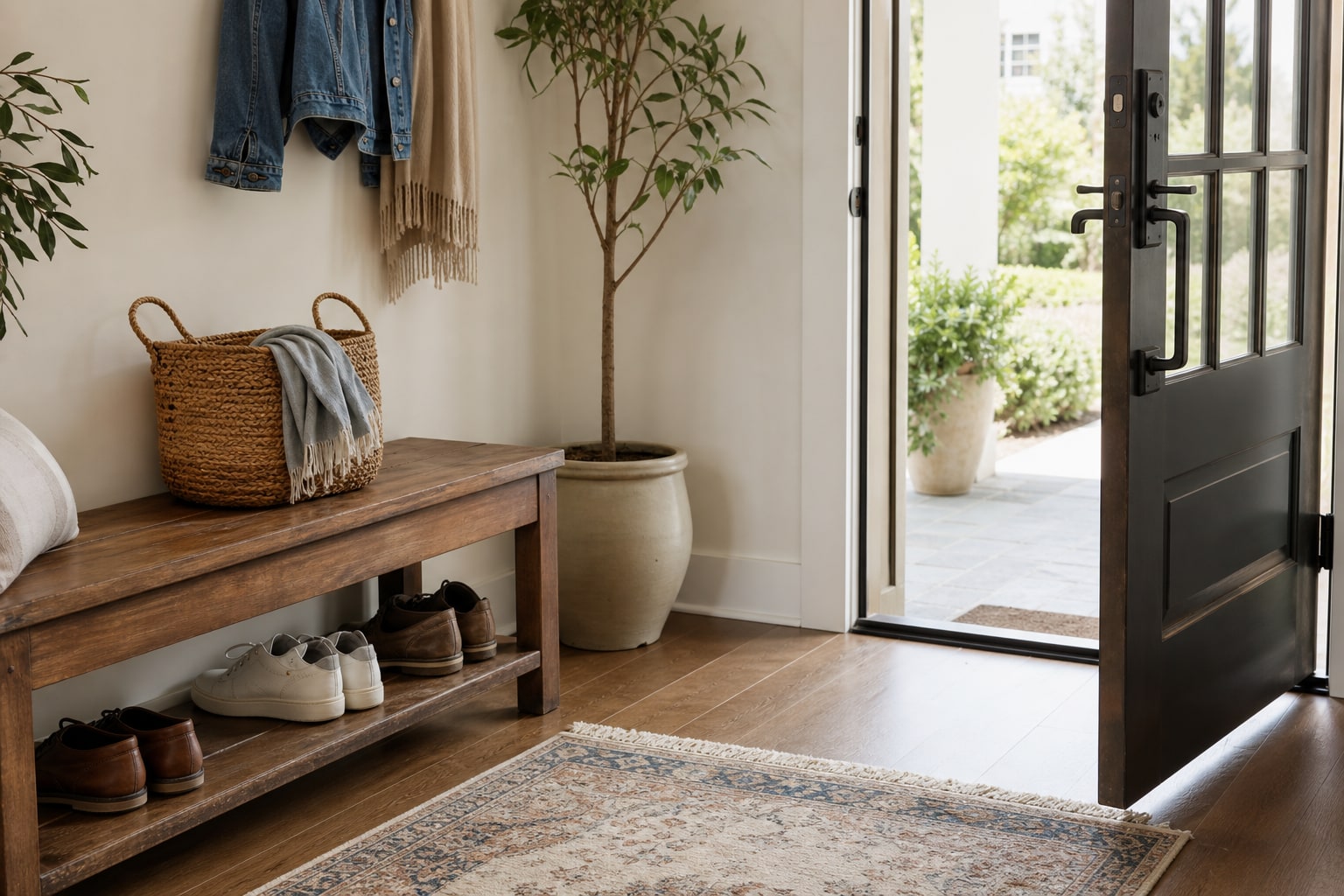 Tidy entryway with a woven basket and open front door