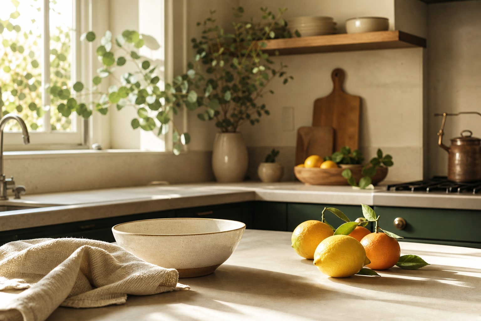 Sunlit kitchen with fresh citrus and a folded cleaning cloth