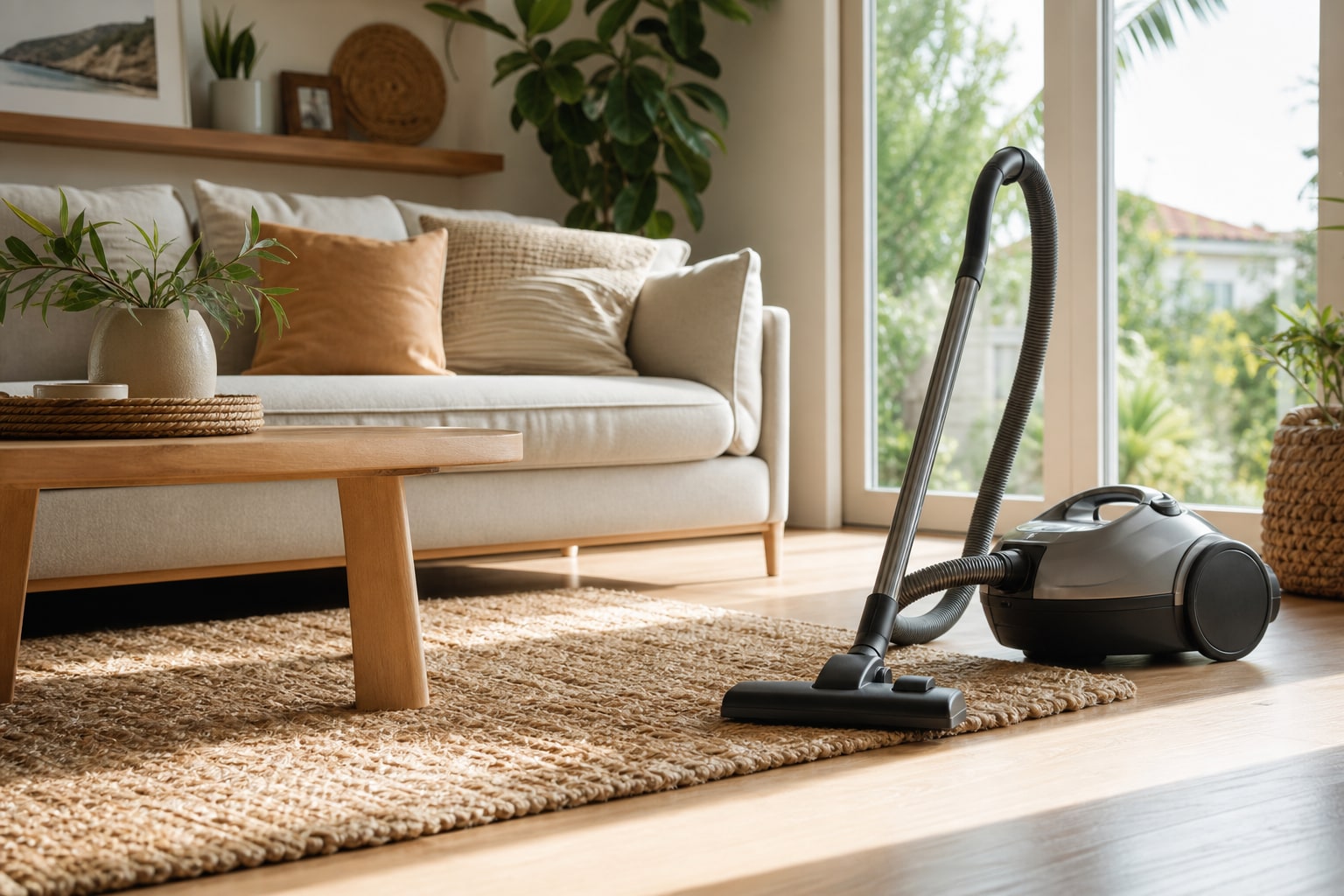 Calm living room with a vacuum beside a woven rug
