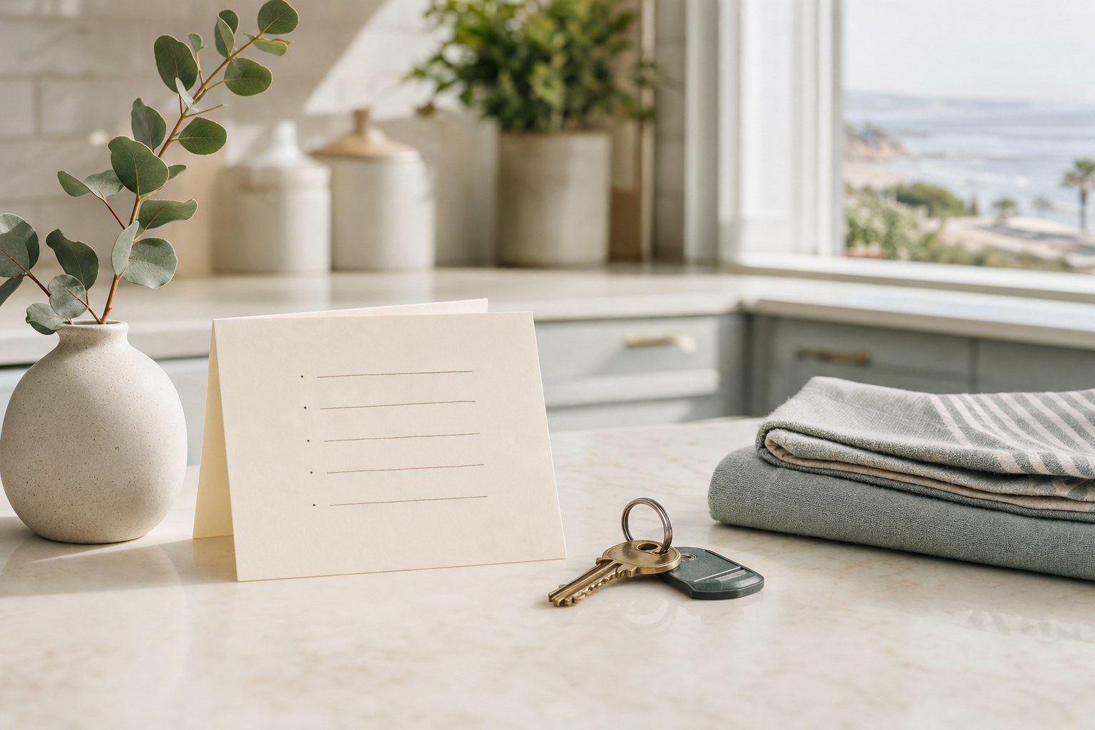 Simple household priority note and keys on a bright kitchen counter
