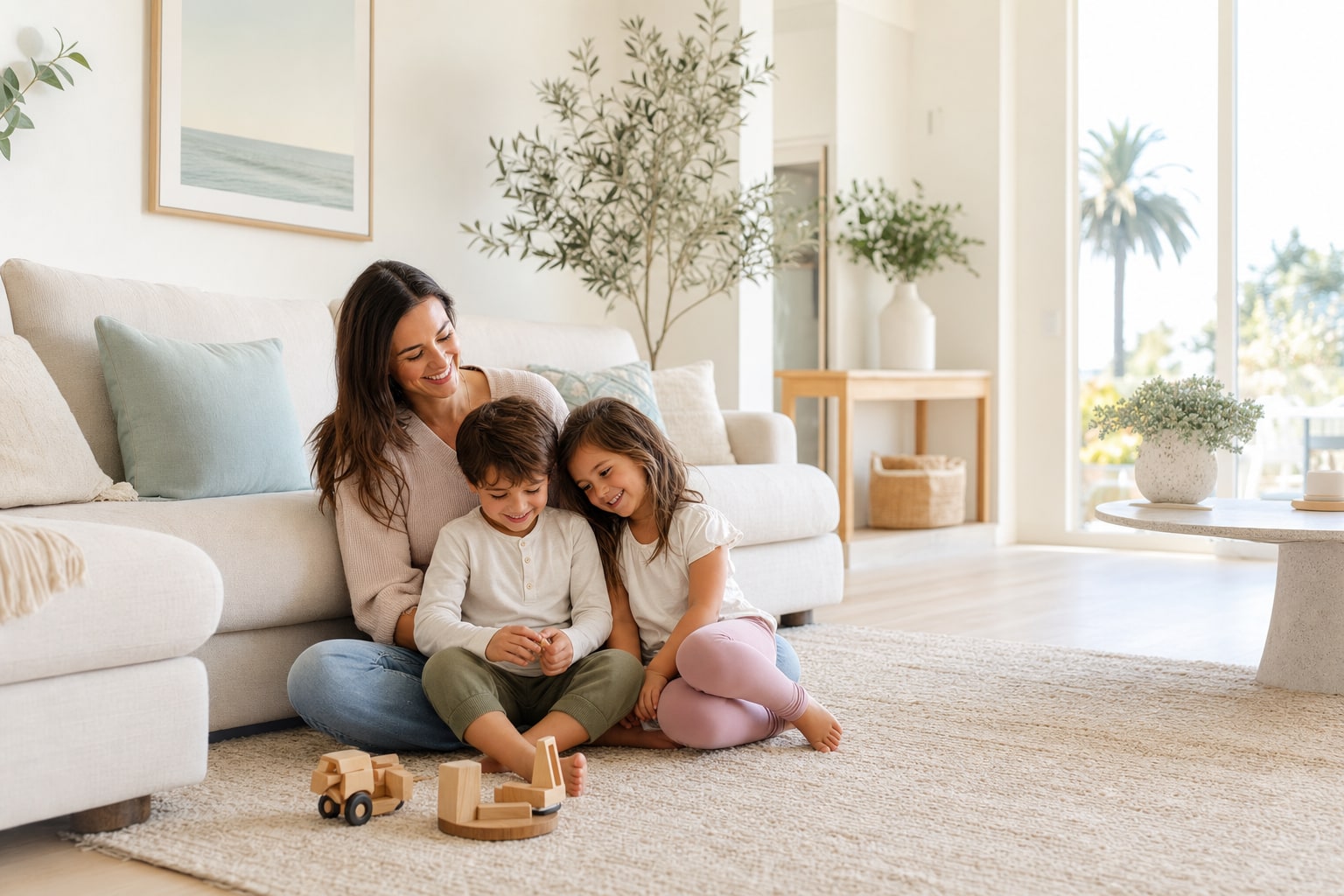 Happy mother and children enjoying a bright, clean living room