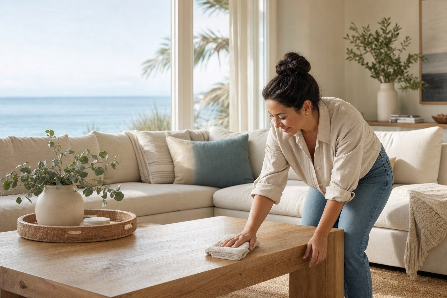 Illustrative coastal California living room being carefully cleaned