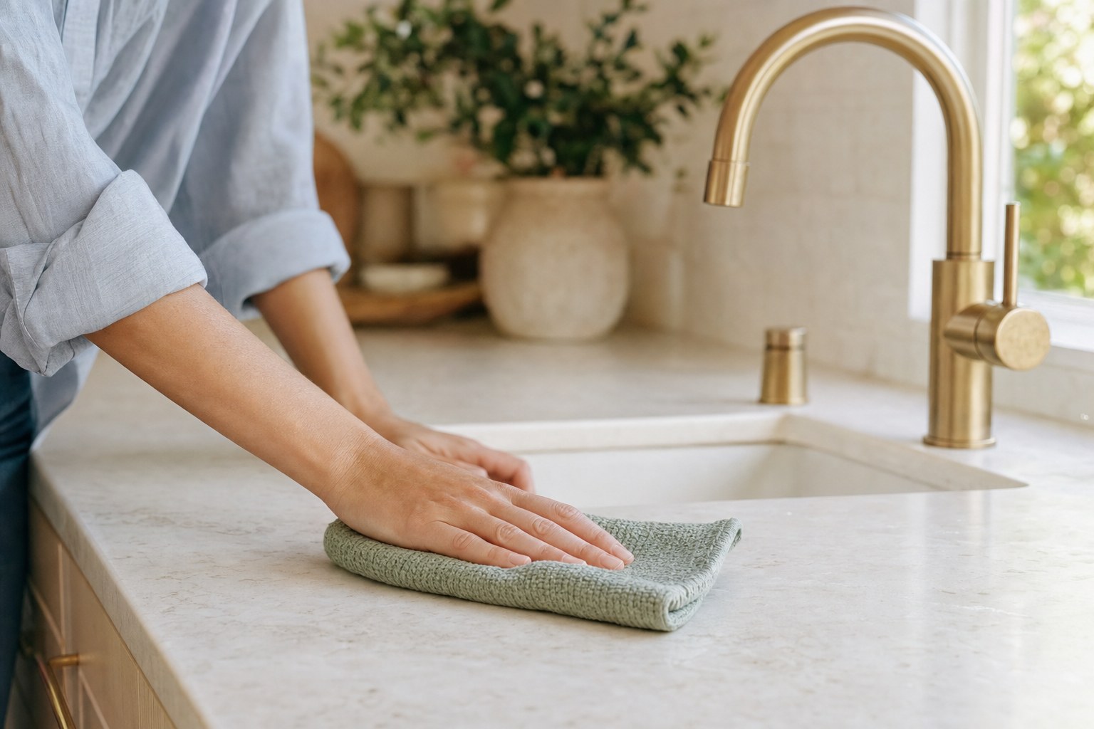 Illustrative close-up of a kitchen counter being wiped