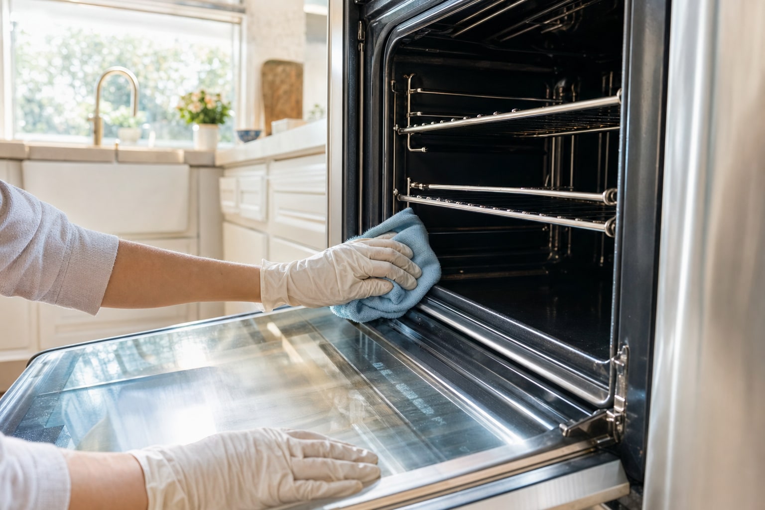 Professional cleaner detailing the inside of an oven during a deep clean