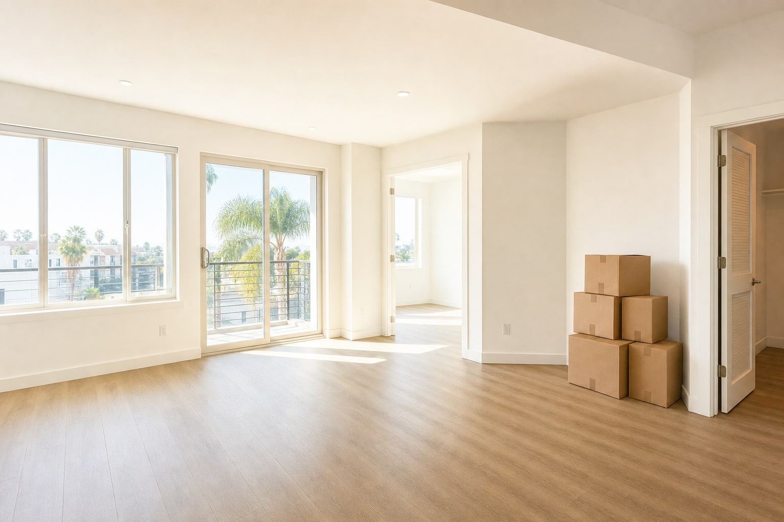 Freshly cleaned empty apartment with moving boxes ready for a move