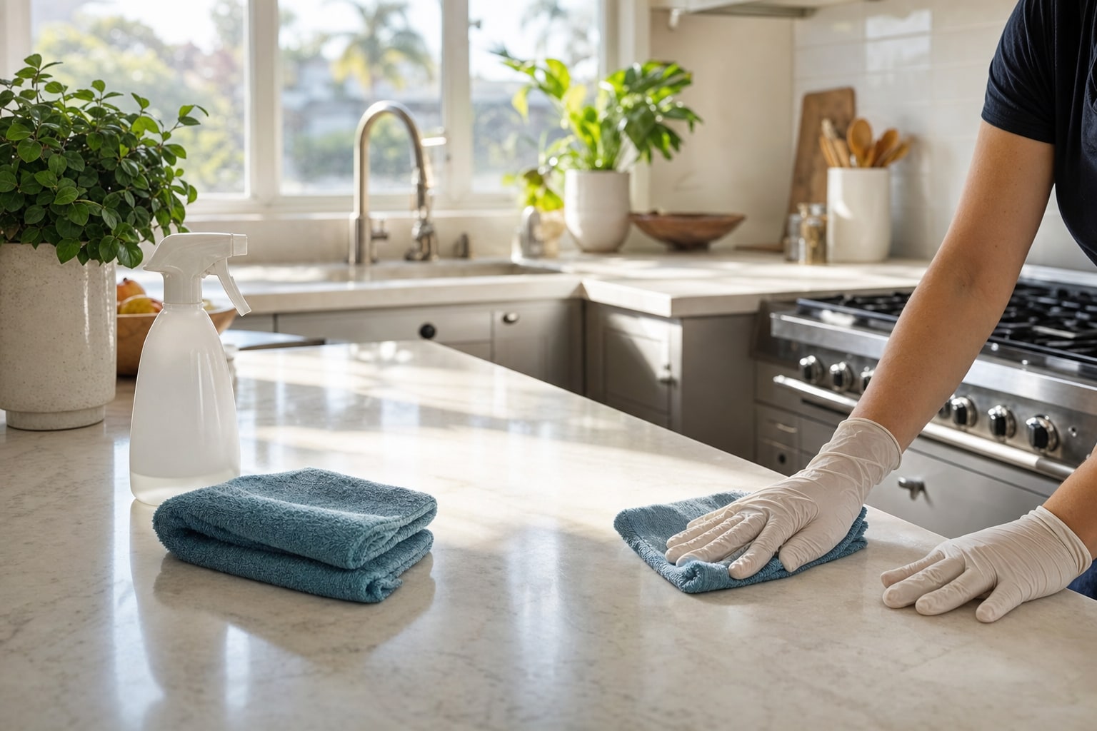 Professional cleaner wiping a kitchen counter during a recurring home-cleaning visit