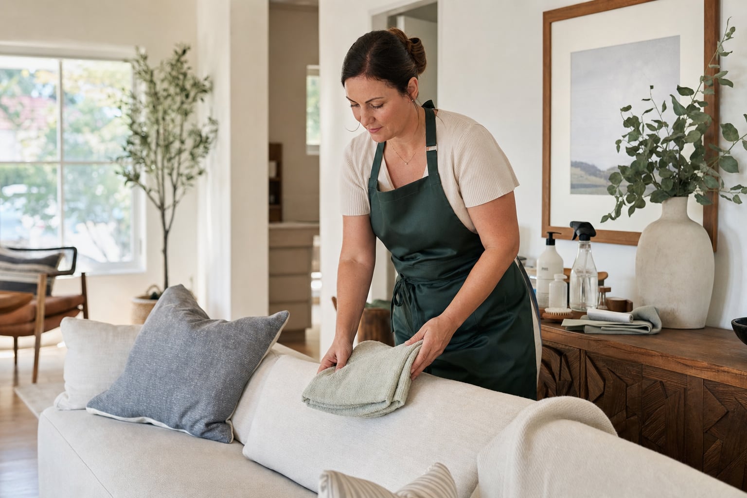Cleaning professional arranging a living room in a bright Ventura County home