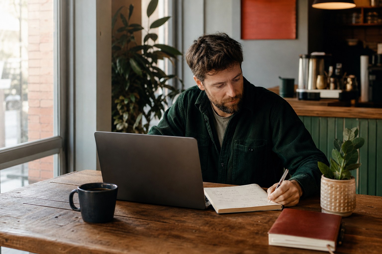 Small business owner planning at a worktable