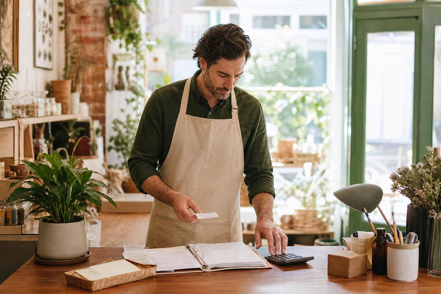 Shop owner reviewing everyday business paperwork